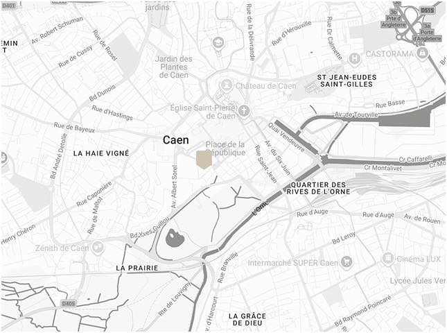 Carte de Caen en France, montrant le siège social du cabinet de conseil GB2A