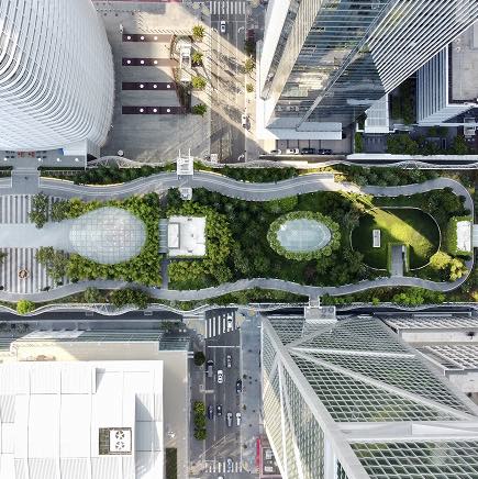 Vue aérienne d'un jardin urbain moderne entre des immeubles de bureaux